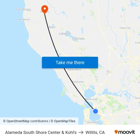 Alameda South Shore Center & Kohl's to Willits, CA map