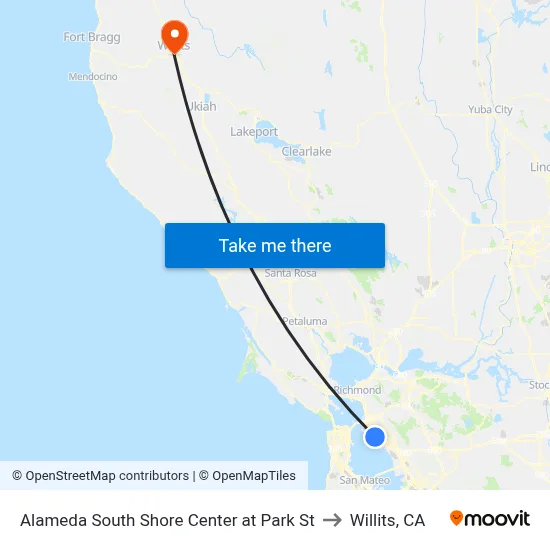Alameda South Shore Center at Park St to Willits, CA map