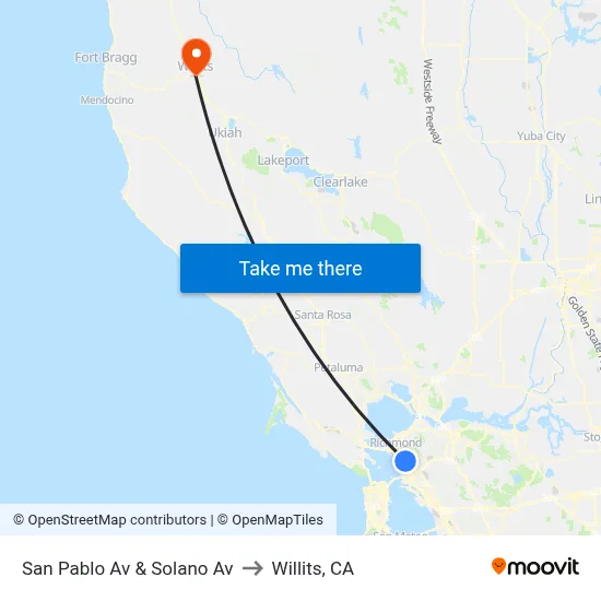 San Pablo Av & Solano Av to Willits, CA map