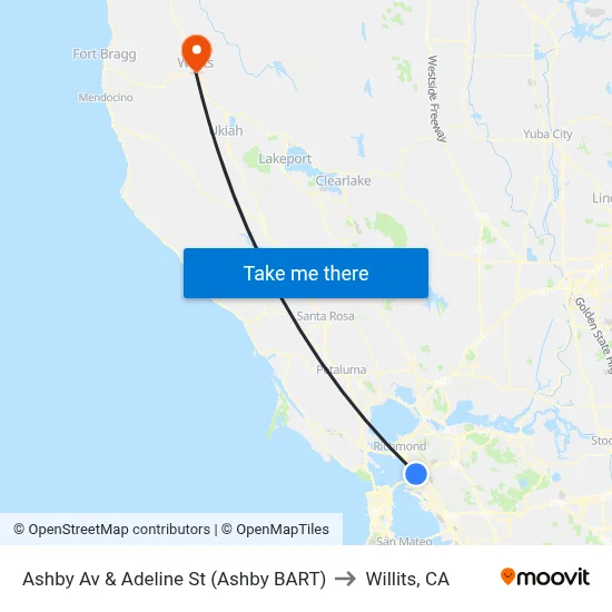 Ashby Av & Adeline St (Ashby BART) to Willits, CA map