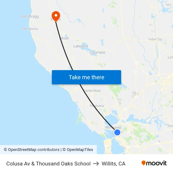 Colusa Av & Thousand Oaks School to Willits, CA map