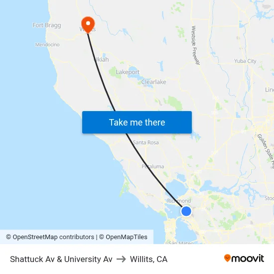 Shattuck Av & University Av to Willits, CA map