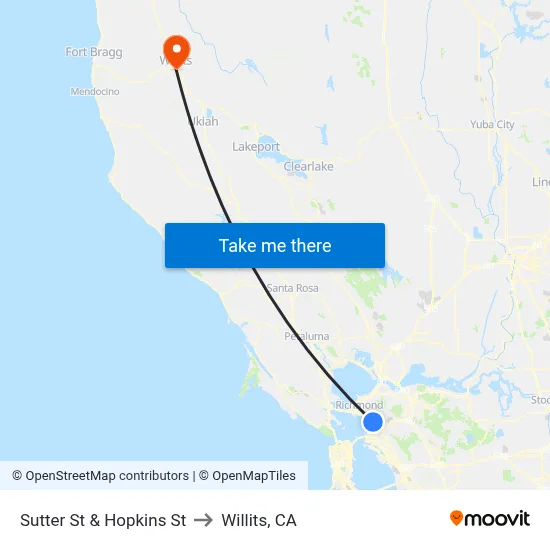 Sutter St & Hopkins St to Willits, CA map