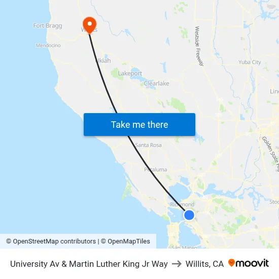 University Av & Martin Luther King Jr Way to Willits, CA map