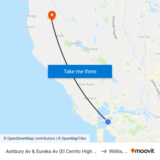 Ashbury Av & Eureka Av (El Cerrito High School) to Willits, CA map