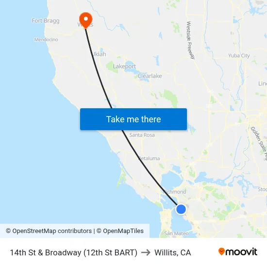 14th St & Broadway (12th St BART) to Willits, CA map