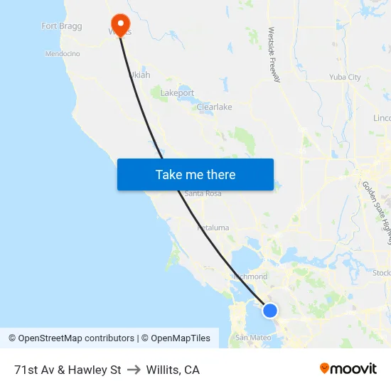 71st Av & Hawley St to Willits, CA map