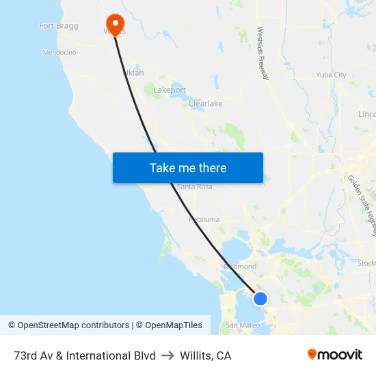 73rd Av & International Blvd to Willits, CA map