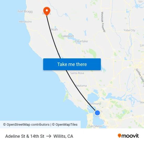 Adeline St & 14th St to Willits, CA map