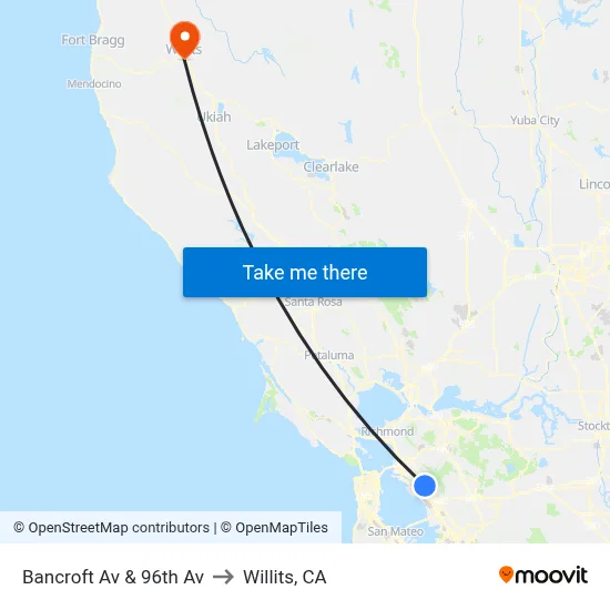 Bancroft Av & 96th Av to Willits, CA map