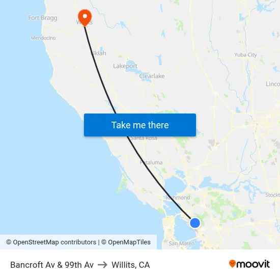 Bancroft Av & 99th Av to Willits, CA map