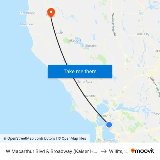 W Macarthur Blvd & Broadway (Kaiser Hospital) to Willits, CA map