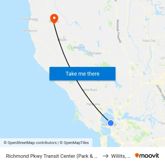 Richmond Pkwy Transit Center (Park & Ride) to Willits, CA map
