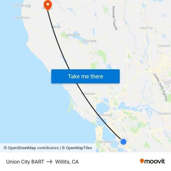 Union City BART to Willits, CA map