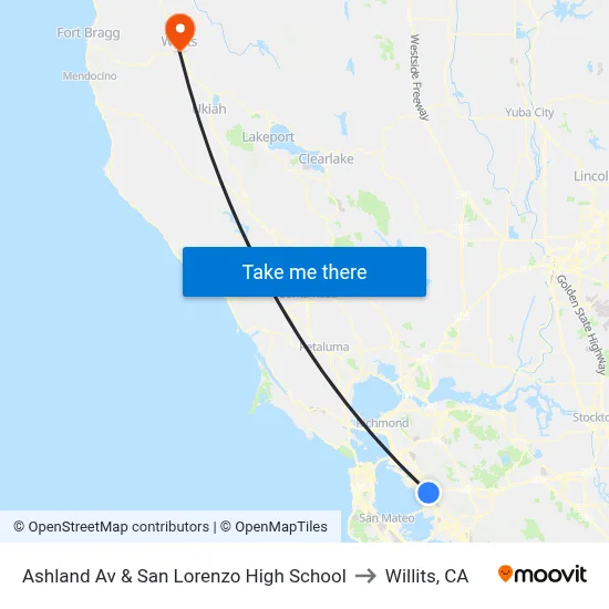 Ashland Av & San Lorenzo High School to Willits, CA map