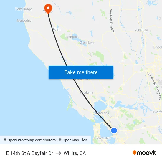 E 14th St & Bayfair Dr to Willits, CA map