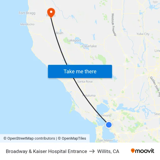 Broadway & Kaiser Hospital Entrance to Willits, CA map