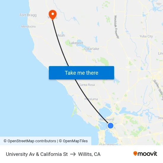 University Av & California St to Willits, CA map