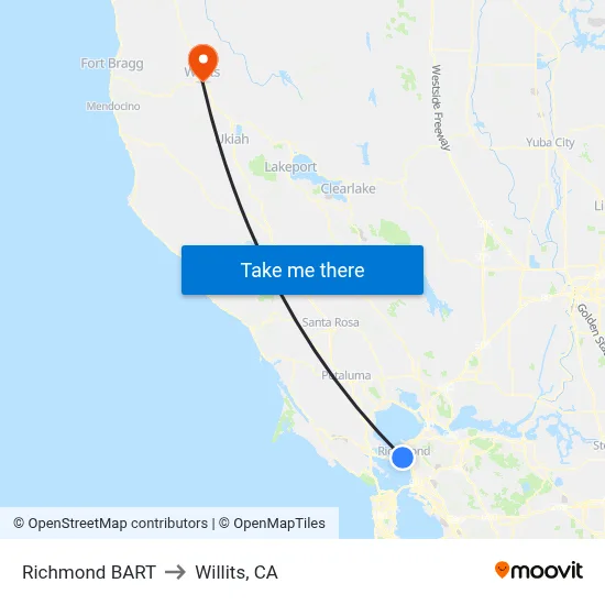 Richmond BART to Willits, CA map