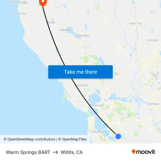 Warm Springs BART to Willits, CA map