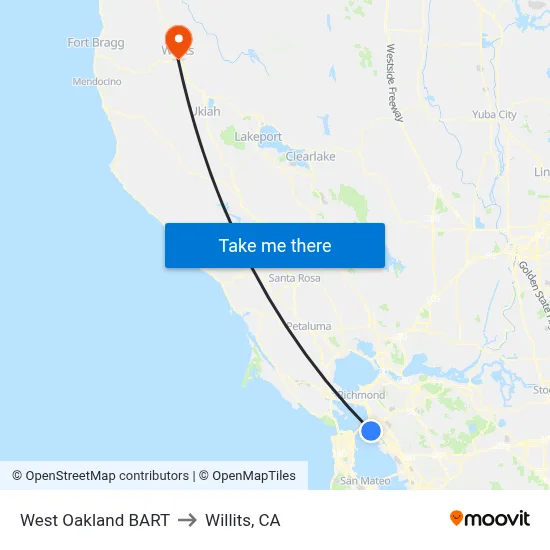 West Oakland BART to Willits, CA map