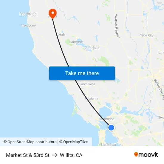 Market St & 53rd St to Willits, CA map
