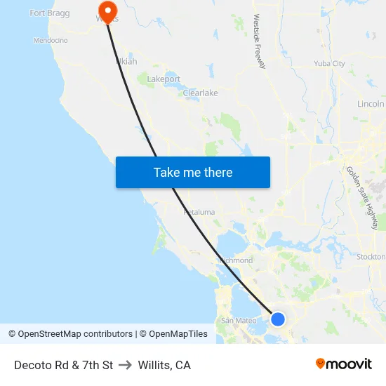 Decoto Rd & 7th St to Willits, CA map