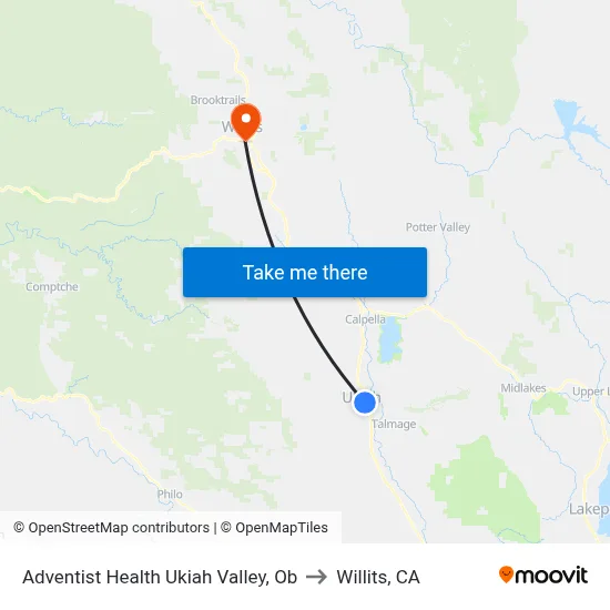 Adventist Health Ukiah Valley, Ob to Willits, CA map