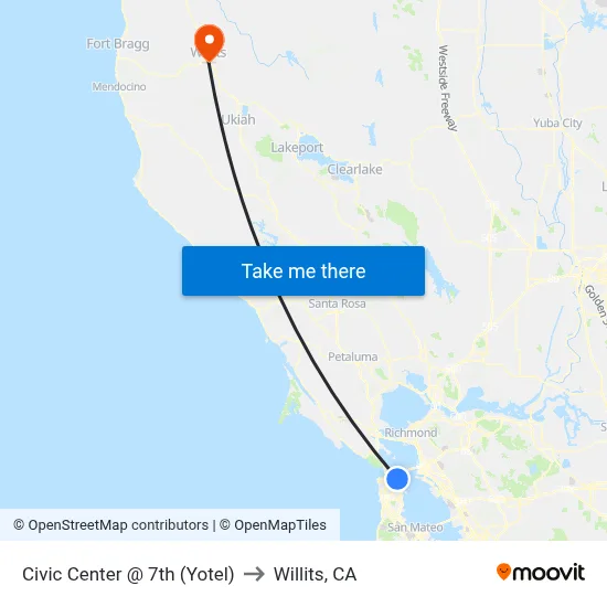 Civic Center @ 7th (Yotel) to Willits, CA map