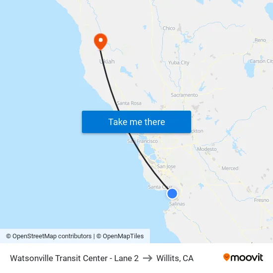 Watsonville Transit Center - Lane 2 to Willits, CA map