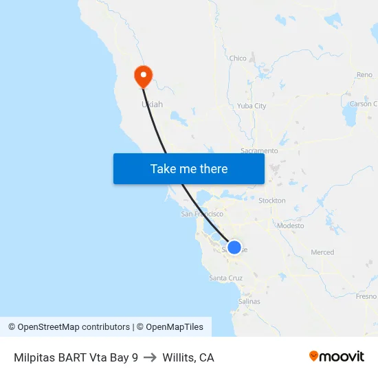 Milpitas BART Vta Bay 9 to Willits, CA map