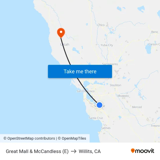 Great Mall & McCandless (E) to Willits, CA map
