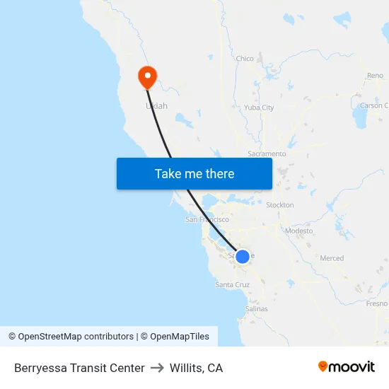 Berryessa Transit Center to Willits, CA map