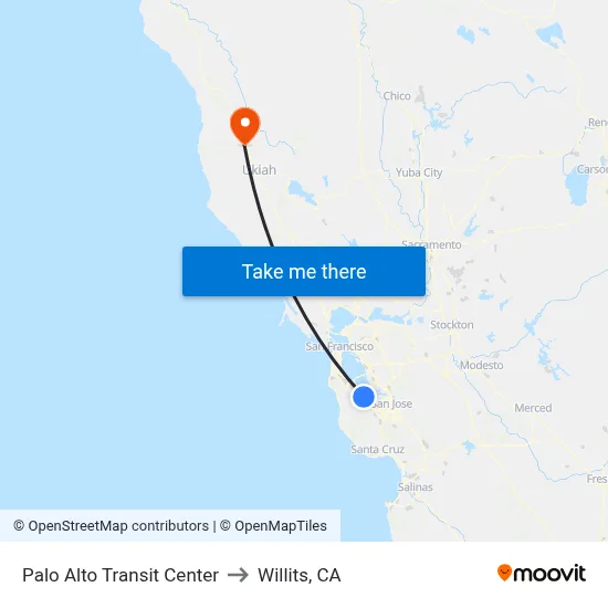 Palo Alto Transit Center to Willits, CA map