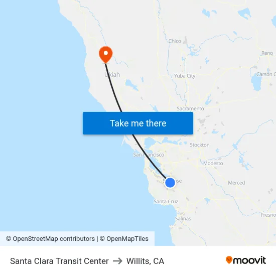 Santa Clara Transit Center to Willits, CA map