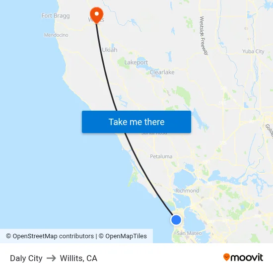 Daly City to Willits, CA map