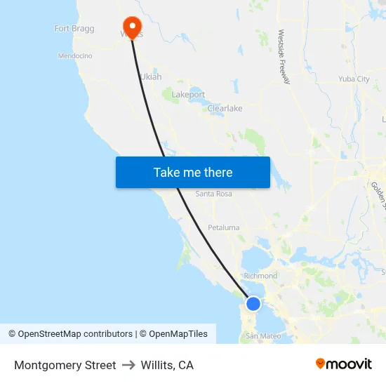 Montgomery Street to Willits, CA map