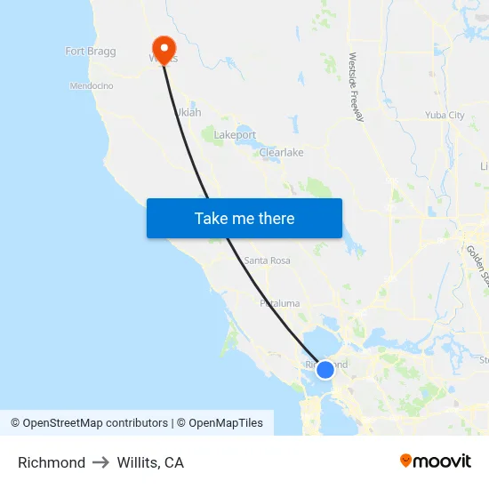 Richmond to Willits, CA map