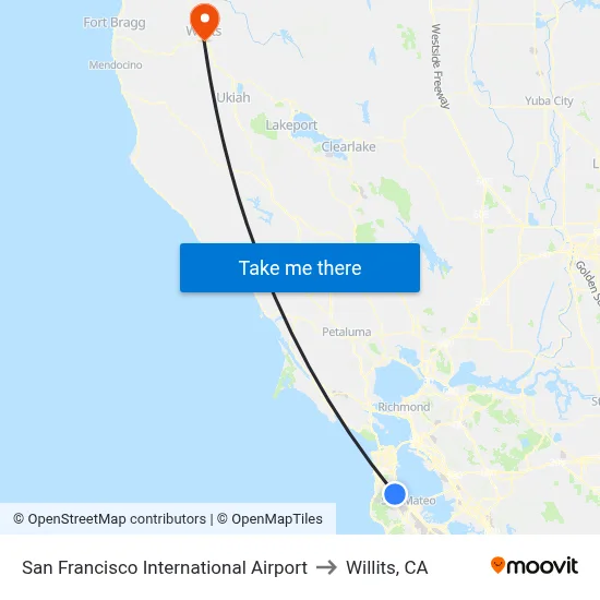 San Francisco International Airport to Willits, CA map