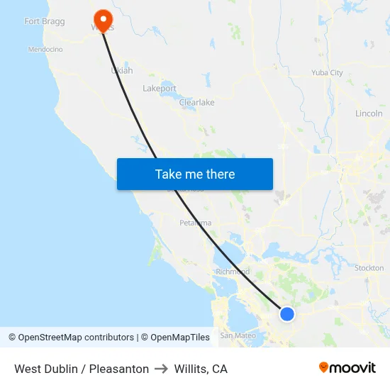 West Dublin / Pleasanton to Willits, CA map