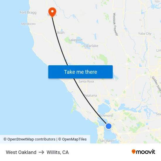West Oakland to Willits, CA map
