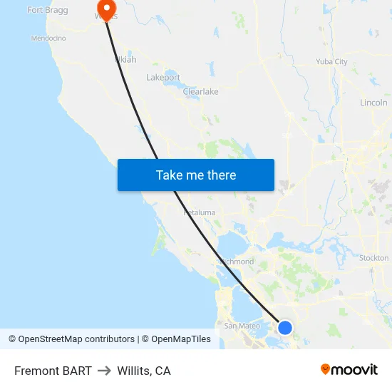 Fremont BART to Willits, CA map