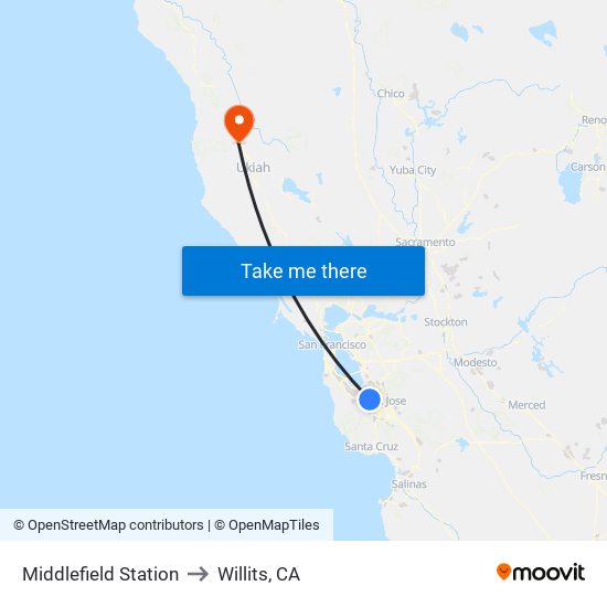 Middlefield Station to Willits, CA map