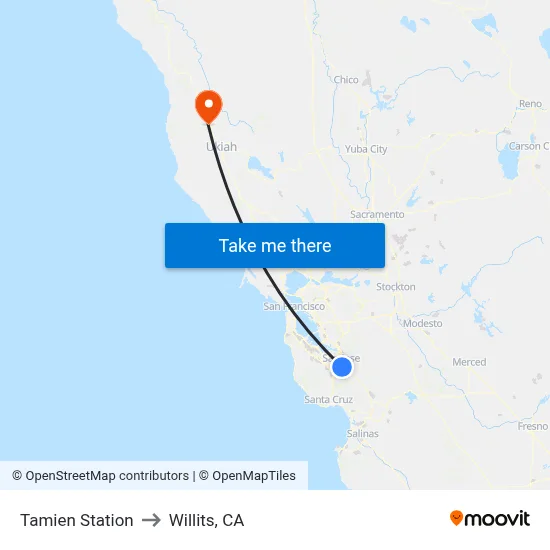 Tamien Station to Willits, CA map