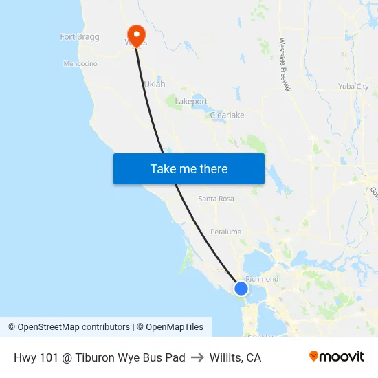 Hwy 101 @ Tiburon Wye Bus Pad to Willits, CA map