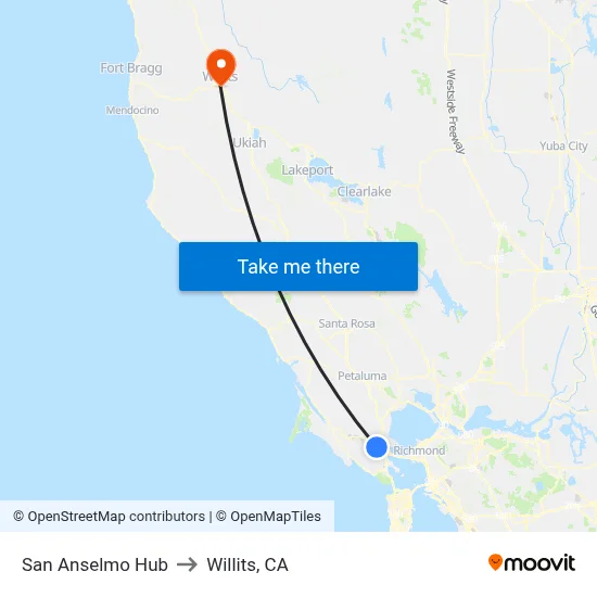 San Anselmo Hub to Willits, CA map