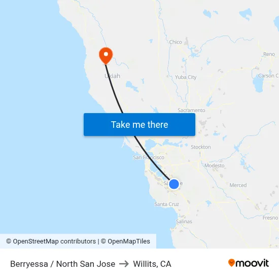 Berryessa / North San Jose to Willits, CA map