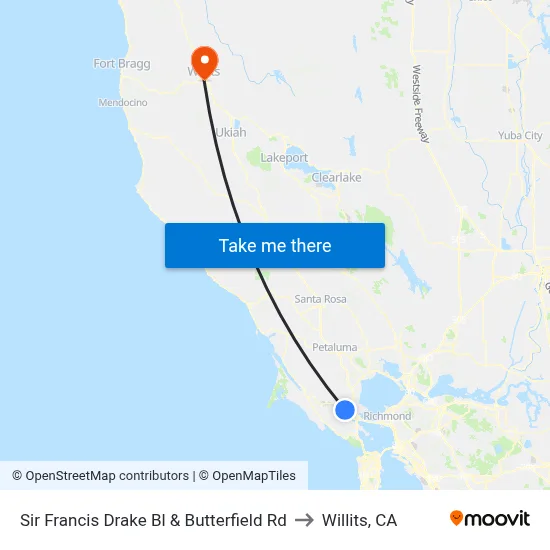 Sir Francis Drake Bl & Butterfield Rd to Willits, CA map