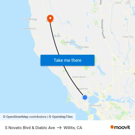S Novato Blvd & Diablo Ave to Willits, CA map