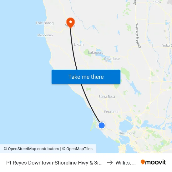 Pt Reyes Downtown-Shoreline Hwy & 3rd St to Willits, CA map